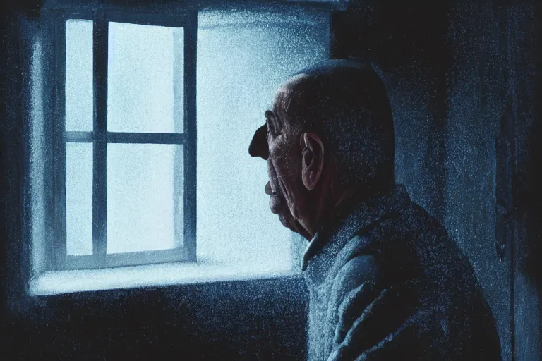 Image similar to a cinematic painting of an old male prisoner inside of jail cell looking out of a small frosted window, beautiful lighting, high depth, ultra realistic, artistic, by gregory crewdson, blue color theme