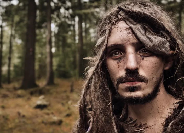 Prompt: character and environment photography, portrait shamanistic infested 2 0 - year - old male druid, messy hair, old tattered robe, medium shot, wide angle, 2 0 0 px, full front