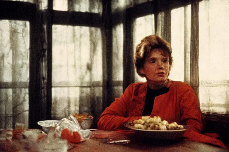 Image similar to soviet movie still a soviet woman sitting at a table next to the window with food, dark warm light, a character portrait by margarita terekhova, movie stalker solaris film still by andrei tarkovsky, 8 k, 1 9 8 4, close - up bokeh, gelios lens, color, noir