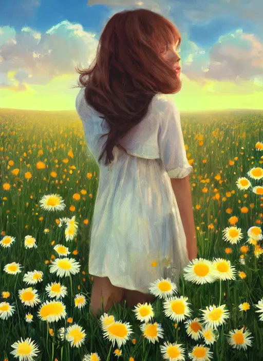 Image similar to girl face made of giant daisies, standing in a flower field, holding flowers, surreal photography, sunset dramatic light, impressionist painting, colorful clouds, large sky, digital painting, artstation, simon stalenhag