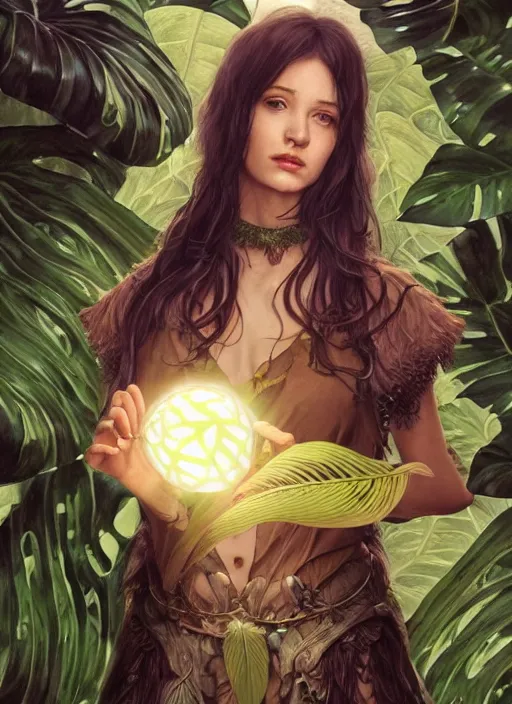 Image similar to a female druid with monstera leaf themed clothing, fully clothed, monstera leaves in the background, holding a glowing orb of leaves, volumetric lighting, D&D, fantasy, intricate, cinematic lighting, highly detailed, digital painting, artstation, concept art, smooth, sharp focus, illustration, art by Artgerm and Greg Rutkowski and Alphonse Mucha