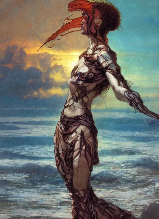Prompt: biblical beautiful female android assasin, bright glowing veins, in clouds, sunset over raging ocean, fashion posing, by gerald brom, by mikhail vrubel, by peter elson, muted colors, extreme detail, reflections, trending on artstation, 8 k