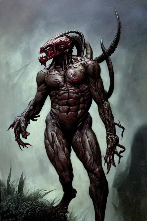 Image similar to the predator in the style of wayne barlowe, gustav moreau, goward, bussiere, roberto ferri, santiago caruso, luis ricardo falero, frazetta