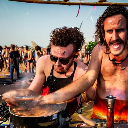 Image similar to scandy and arender, cooking it up, hot hot hot, splash, ahhhhhhh, roomies, bohemian digitals, playing a live gig at ozora festival, no faces visible, huge crowd, ecstatic, photography