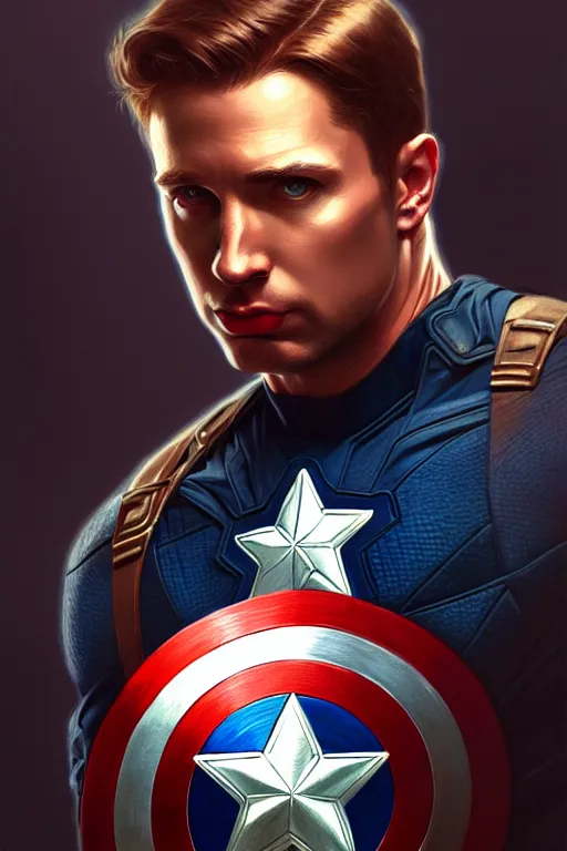 Image similar to Captain America, fantasy, portrait, sharp focus, intricate, elegant, digital painting, artstation, matte, highly detailed, concept art, illustration, ambient lighting, art by ilya kuvshinov, artgerm, Alphonse mucha, and Greg Rutkowski