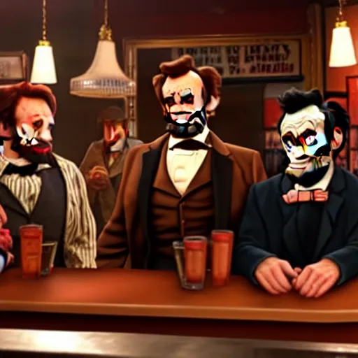 Prompt: The It's Always Sunny in Philadelphia episode where the gang meets Abe Lincoln Dee is there with Mac and so is Dennis they are at the bar, photo realistic, studio lighting