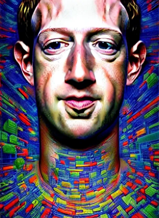 Image similar to hyper detailed 3d render like an Oil painting - Portrait of Mark Zuckerberg hooked up to a mainframe by Jacek Yerka, Mariusz Lewandowski, Houdini algorithmic generative render, Abstract brush strokes, Masterpiece, Edward Hopper and James Gilleard, Zdzislaw Beksinski, Mark Ryden, Wolfgang Lettl, hints of Yayoi Kasuma, octane render, 8k