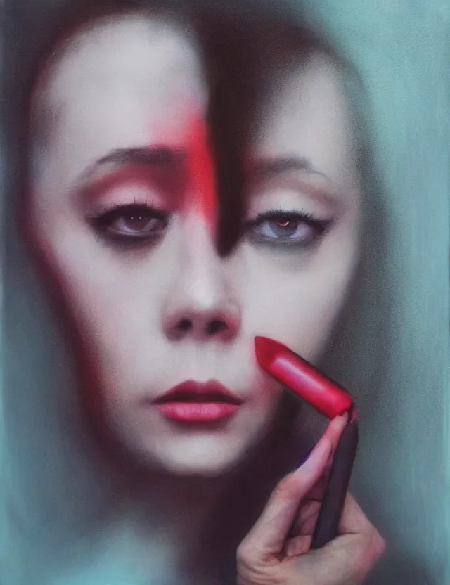 Image similar to portrait girl with smokey eyes makeup in motel, redshift, wide high angle coloured polaroid photograph with flash, kodak film, hyper real, stunning moody cinematography, with anamorphic lenses, by maripol, fallen angels by wong kar - wai, style of suspiria and neon demon and children from bahnhof zoo, detailed, oil on canvas in style of simplified realism