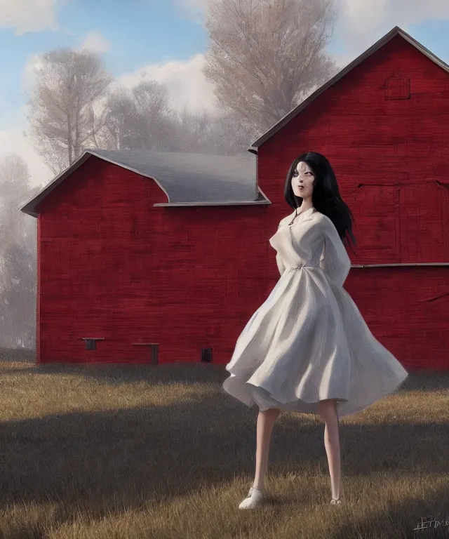 Prompt: a young woman in the shadow! of a red barn!. black hair, white! dress, sharp focus, wide angle, digital art by eddie mendoza, trending on artstation