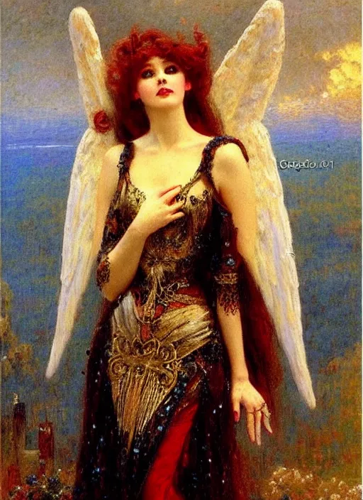Image similar to vertical prtrait of an angel knight gothic girl, baroque dress. by gaston bussiere