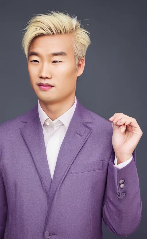 Prompt: a realistic photo of blond handsome Asian man in purple jacket, Kira Yoshikage in real life, studio photography , dark grey background, softly backlit, gentle smoke effect, photo courtesy Museum of art