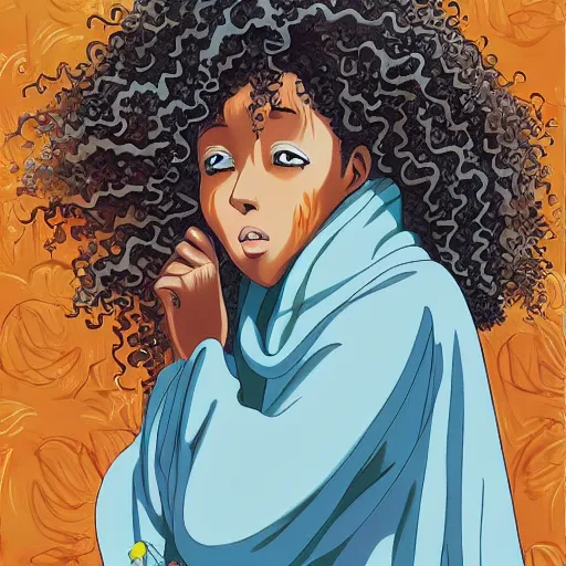Prompt: a somali woman with curly hair, painting on a canvas, anime style, studio ghibli, contemplative, beautiful, surreal, detailed, dreamy