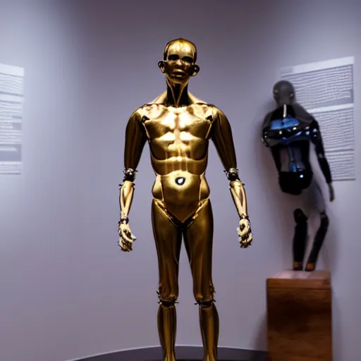 Image similar to a realistic detailed photo of a guy who is an attractive humanoid who is half robot and half humanoid, who is a male android, twitch streamer g, shiny skin, posing like a statue, blank stare, at the museum, on display