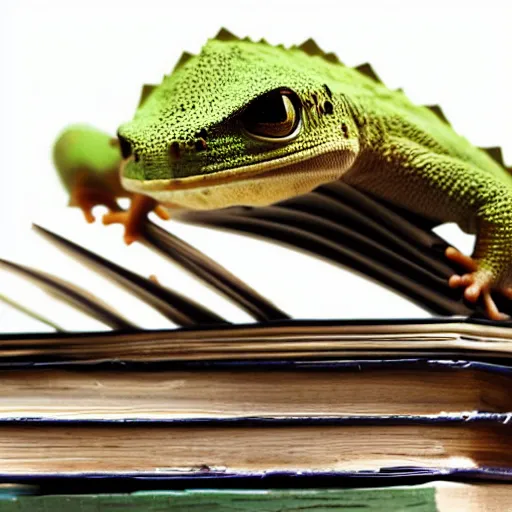 Image similar to the! geico! gecko on a table,! being crushed! by a stack of books