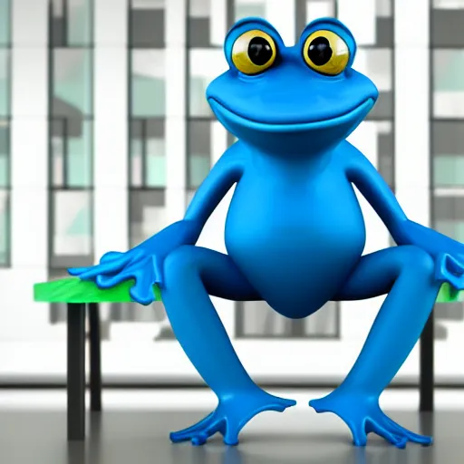 Image similar to Octane render professional portrait of an anthropomorphic blue frog wearing a suit sitting in an office, 8k, very intricate, very detailed,