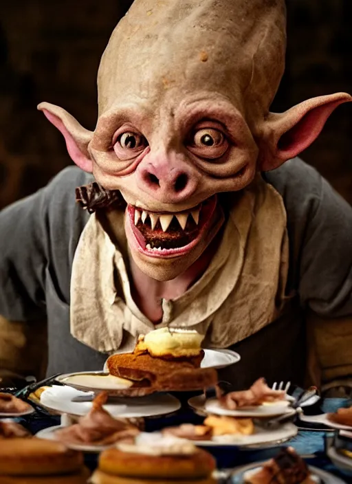 Image similar to closeup portrait of a medieval goblin eating cakes in the cloisters, depth of field, zeiss lens, detailed, symmetrical, centered, fashion photoshoot, by Annie Leibovitz and Steve McCurry, David Lazar, Jimmy Nelsson, Breathtaking, 8k resolution, extremely detailed, beautiful, establishing shot, artistic, hyperrealistic, beautiful face, octane render