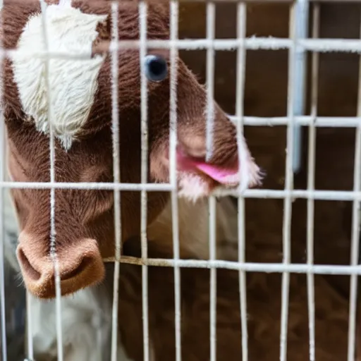 Prompt: calf inside a cage looking a bottle of milk