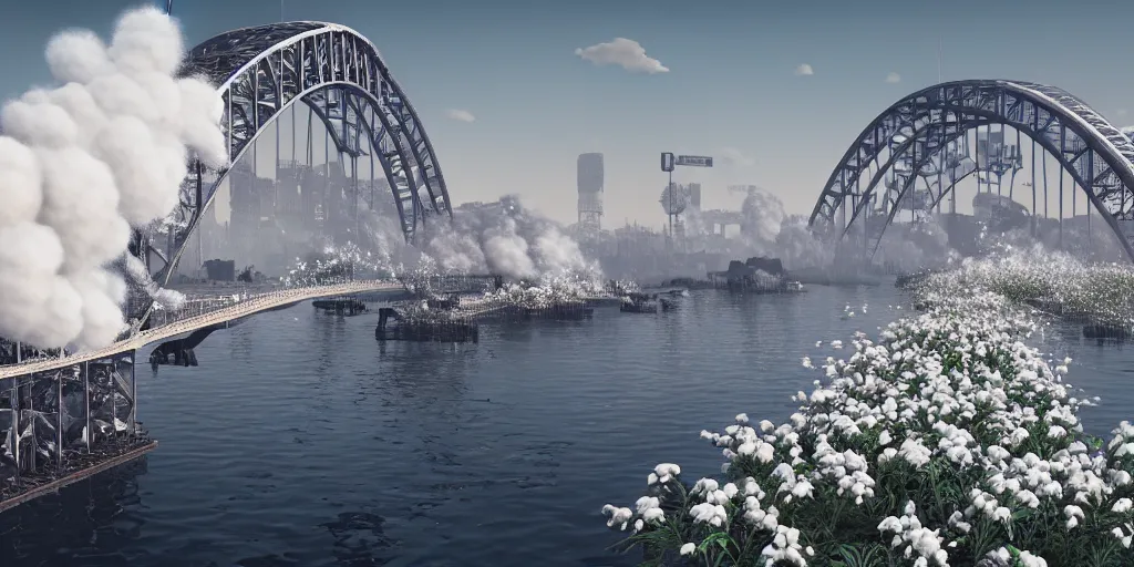 Prompt: explosions in the form of realistic white cotton plants on harbour bridge, huge white cotton everywhere on the destroyed harbour bridge, smooth, sharp focus, highly detailed, 3 d octane render, epic lighting, lots of white cotton, 8 k, by miyazaki