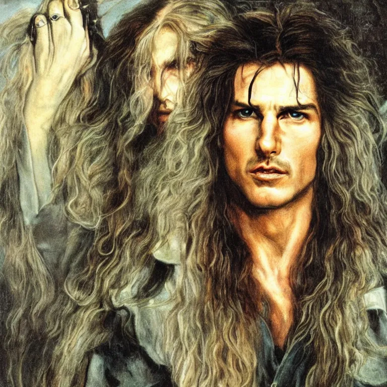 Image similar to Pre-Raphaelite portrait of Tom Cruise as the leader of a cult 1980s heavy metal band, with very long blond hair and grey eyes, high saturation