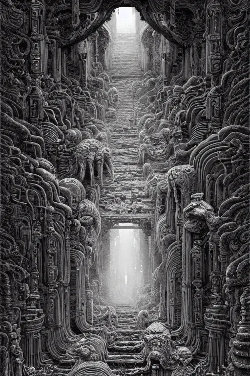 Image similar to intricate artwork masterpiece hellscape ancient temple doors, by nicolas delort, zdizslaw beksinski, victo ngai, josan gonzalez, kilian eng, ominous, dramatic horror cinematic lighting, volumetric 8 k