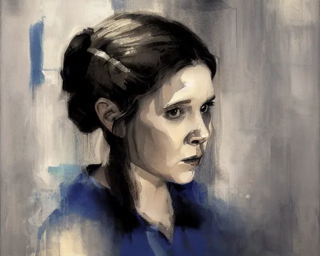 Image similar to portrait of young leia young carrie fisher 1 9 7 7 in shades of grey but with blue by jeremy mann