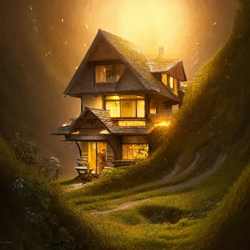 Image similar to small hillside house made of honey and milk, modern lighting, hyper - realistic, hyper - detailed, 8 k, octane rendered, art nouveau, organic, flowing, impossible torsion, writhing, dusk, lush, dynamic, in the style of ross tran and jean baptiste monge