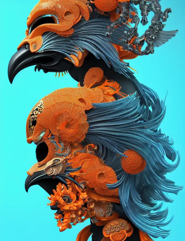 Prompt: 3 d goddess close - up profile portrait biomechanics with ram skull. beautiful intricately detailed japanese crow kitsune mask and clasical japanese kimono. betta fish, jellyfish phoenix, bio luminescent, plasma, ice, water, wind, creature, artwork by tooth wu and wlop and beeple and greg rutkowski. gold and black and teal and orange color scheme