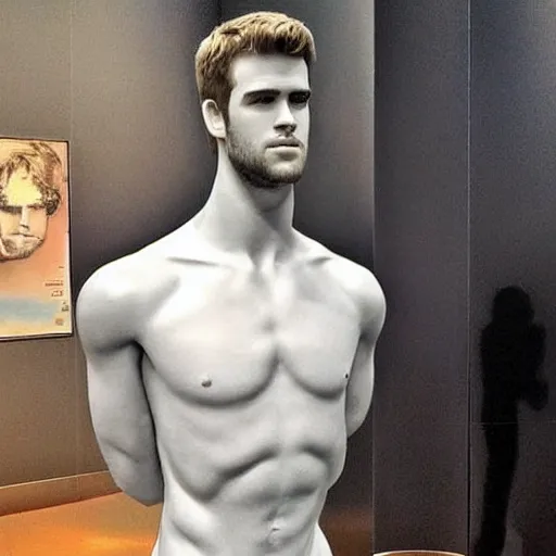 Prompt: “a realistic detailed photo of a guy who is an attractive humanoid who is half robot and half humanoid, who is a male android, actor Liam Hemsworth, shiny skin, posing like a statue, blank stare, at the museum, on display”