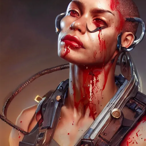 Prompt: portrait painting of a muscular bloodied mixed girl, ultra realistic, cyberpunk hacknaut, concept art, intricate details, eerie, highly detailed, photorealistic, octane render, 8 k, unreal engine. art by artgerm and greg rutkowski and alphonse mucha