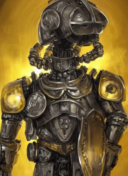 Image similar to full body, dynamic attack position abstract portrait of a intricate glorious holy mechanical warforged character in yellow armor holding a paladin engraved great longsword drawn and carrying a big paladin shield, glowing!!!! eye!!!!!, face in focus, pit droid, epic , trending on ArtStation, masterpiece, cinematic lighting, by Ross Tran and by Greg Rutkowski