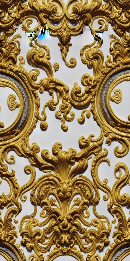 Prompt: the source of future growth dramatic, elaborate emotive Golden Baroque and Rococo styles to emphasise beauty as a transcendental, seamless pattern, symmetrical, large motifs, rainbow syrup splashing and flowing, Palace of Versailles, 8k image, supersharp, spirals and swirls in rococo style, medallions, white smoke, silver black and rainbow colors, perfect symmetry, versace baroque, High Definition, photorealistic, masterpiece, 3D, no blur, sharp focus, photorealistic, insanely detailed and intricate, cinematic lighting, Octane render, epic scene, 8K
