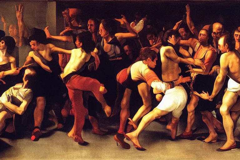 Prompt: painting of people dancing in a club in the 70's by Caravaggio, they're sweating, theynre hot, colored photography, flash photography, close up, 50mm lens