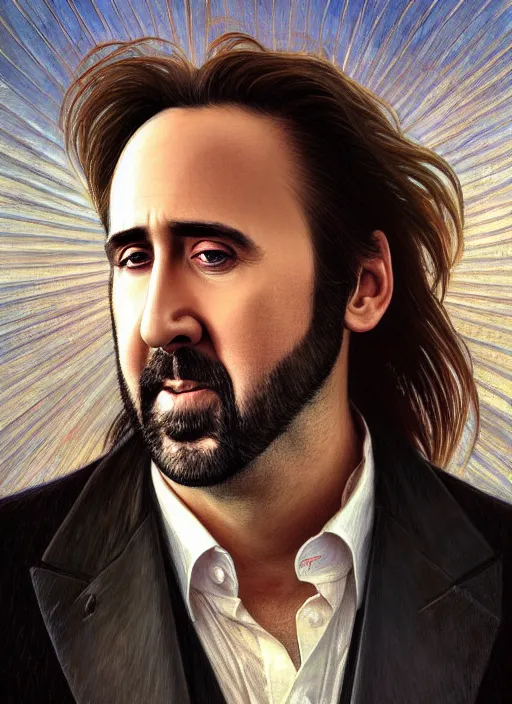 Image similar to symmetry!! portrait of nicolas cage, long hair in the wind, smile, happy, white vest, intricate, elegant, highly detailed, digital painting, artstation, concept art, smooth, sharp focus, illustration, art by artgerm and greg rutkowski and alphonse mucha