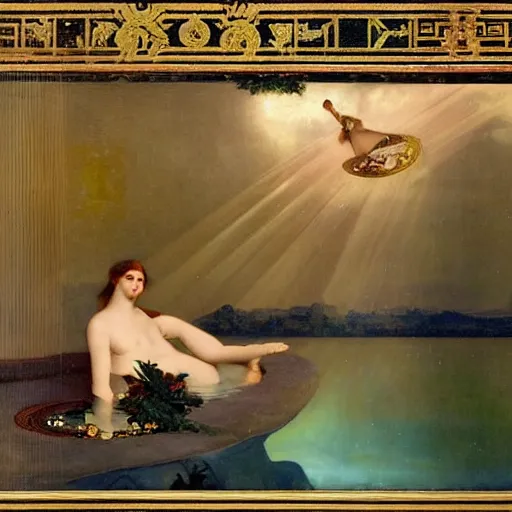 Image similar to The palace on the clouds, moon reflecting on the water, thunderstorm, greek pool, beach and Tropical vegetation on the background major arcana sky, by paul delaroche, alphonse mucha and arnold böcklin, hyperrealistic 8k, award-winning, very very very detailed