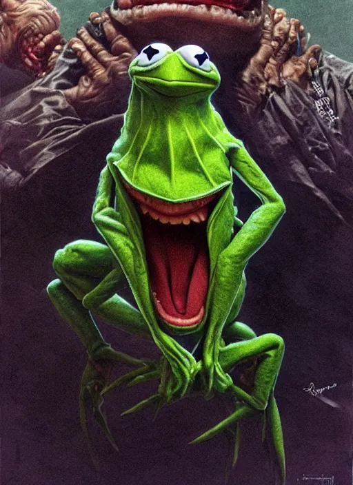 Prompt: portrait of Evil and screaming Kermit the frog in The Thing (1982) highly detailed, centered, solid color background, digital painting, artstation, concept art, smooth, sharp focus, illustration, artgerm, donato giancola, Joseph Christian Leyendecker, Les Edwards, Ed Repka, WLOP, Artgerm