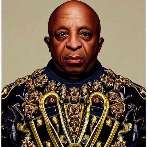 Prompt: a professionally painted portrait of Father Divine , clothed in ancient battle armor, dark skin, dark hair, beautiful bone structure, symmetrical facial features, stunningly beautiful, intricate, elegant, digital painting, trending on Artstation, concept art, smooth, sharp focus, illustration, from Kehinde Wiley