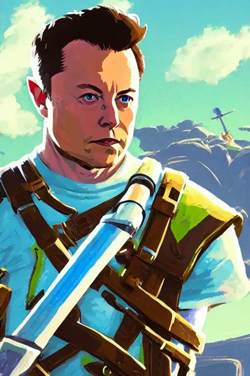 Prompt: an in game portrait of elon musk from the legend of zelda breath of the wild, breath of the wild art style.