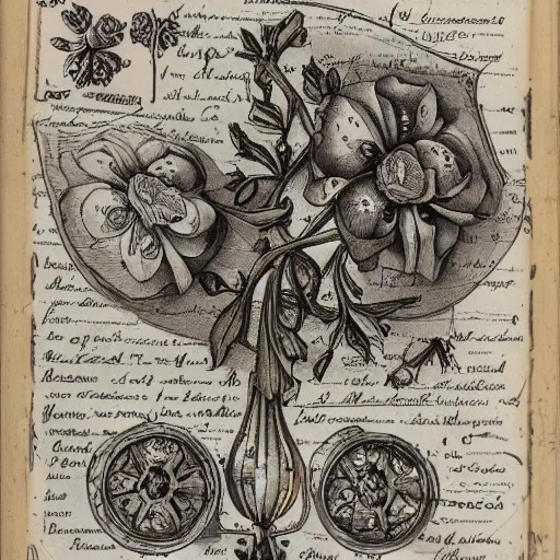 Prompt: technical drawing of a ointment based on forget me not flowers, beautiful design, baroque adorned, delicate, old book, detailed map, notes, scribbles, old paper