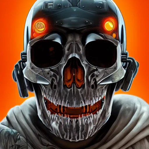 Image similar to a portrait of an cyborg vintage skull, vampire teeth, in an orange racing helmet by sandra chevrier, detailed render, epic composition, cybernetics, 4 k realistic, cryengine, realistic shaded lighting, sharp focus, masterpiece, by matteo scalera, gary montalbano, peter elson in the style of the tokyo ghost comic