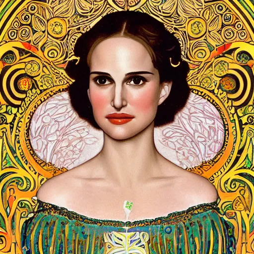 Image similar to a closeup portrait of a young natalie portman, art nouveau, jugendstil, decorative background, spirals, painted by klimt