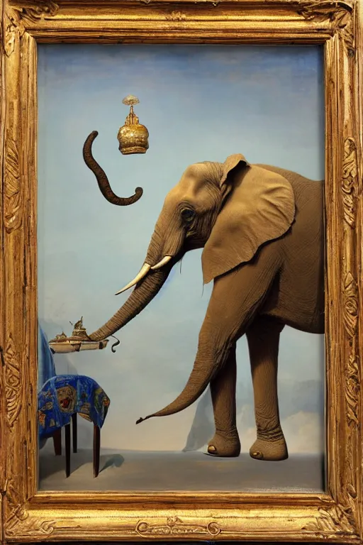 Image similar to one elephant in a porcelain shop, cgsociety, oil painting by dali