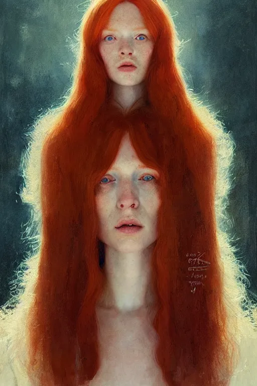 Image similar to of beautiful redhead female, beauty portrait by greg rutkowski, hilma af klint, moebius, victo ngai, sharp focus, global illumination, highly detailed, masterpiece, award winning, post processing