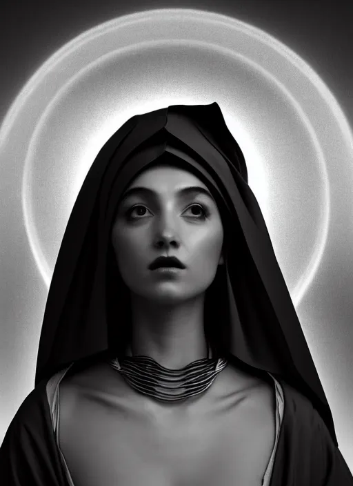 Image similar to surreal mythical dreamy dark artistic black and white fine art fashion portrait photo of a young beautiful delicate female robot - nun praying, spiritual, halo, glory, rim light, cinematic, studio dramatic light, poetic, masterpiece, octane render, 8 k, photo - realistic by gustave dore william bouguereau