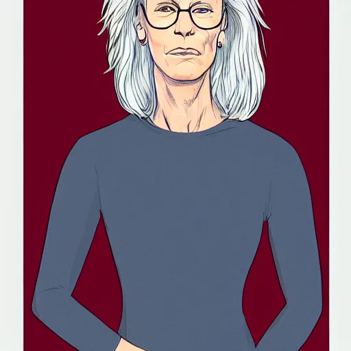 Prompt: jamie lee curtis, full body, tired, serious, intelligent, powerful, white hair, fully clothed, wise, beautiful, by david mack, soft lighting, trending on artstation, flat colour