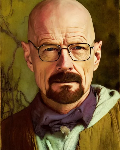 Image similar to walter white, portrait painting by richard schmid, edgar maxence, kehinde wiley, thomas moran, maxfield parrish, studio ghibli, loish, alphonse mucha, fashion photography