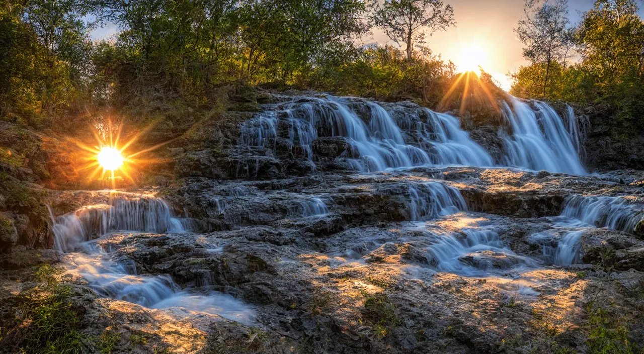 Prompt: Sunrise at the waterfall, photo