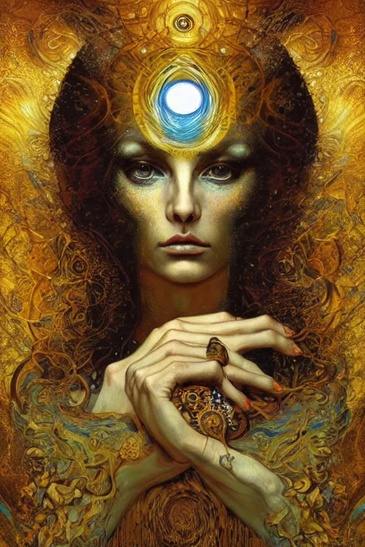 Image similar to Divine Chaos Engine by Karol Bak, Jean Deville, Gustav Klimt, and Vincent Van Gogh, beautiful visionary mystical portrait, sacred, otherworldly, fractal structures, ornate gilded medieval icon, third eye, spirals