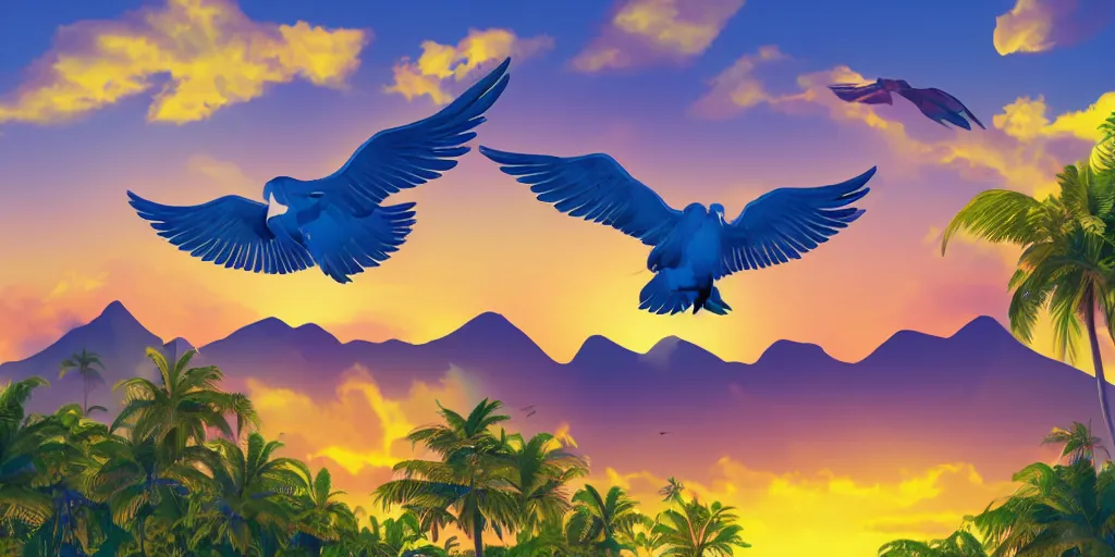 Image similar to large birds with giant wings flying over tropical islands with mountains and sunset sky, HD, 4K, digital art style