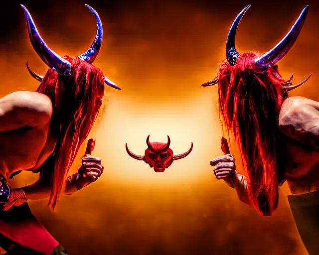 Image similar to red - male - horned - devil and blue - female - angel fighting each other in mirrored pose, dramatic lighting, 8 k, high quality, hyper realistic, 3 5 mm photography, epic action fantasy masterpiece, colorful highlights