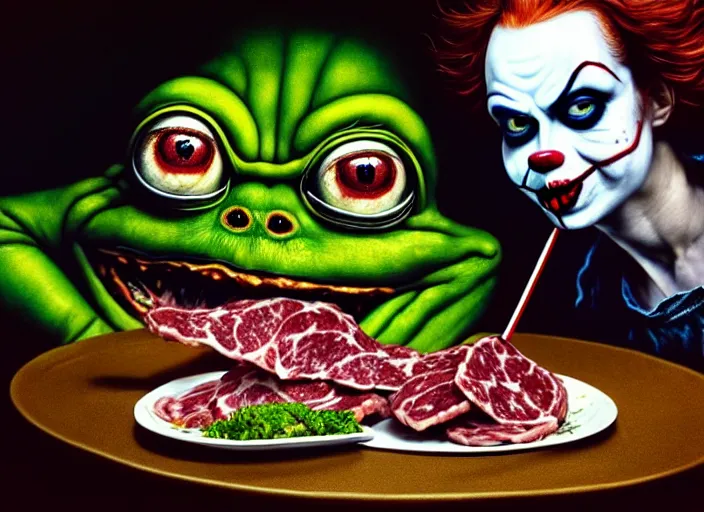 Prompt: hyper realistic detailed image of pepe the frog and peter the vampire in pennywise makeup in trattoria eating raw meat and ground beef with various drinks, by ayami kojima, amano, beksinski, greg hildebrandt, and mark brooks, mystical, rich deep colors, cinematic light, long cinematic shot, extremely detailed, very coherent symmetrical artwork, 8 k